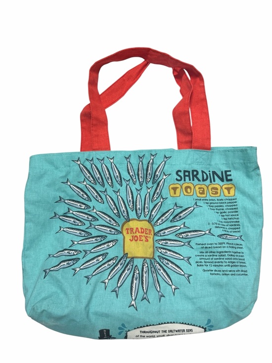 Trader Joe'S Handbags - Trader JoeS Sardine Toast Tote Bag in Aqua with Red Handles